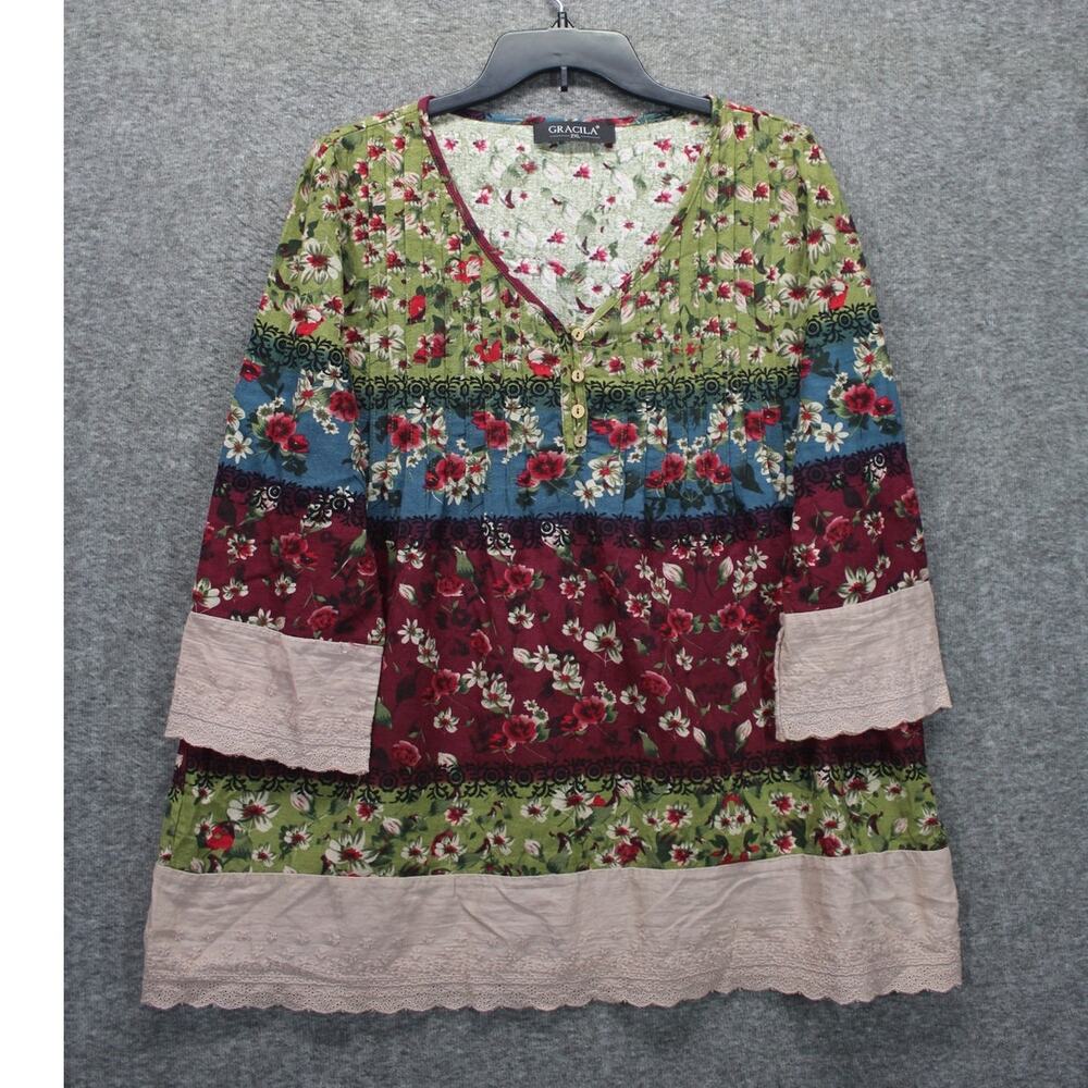 Gracila Womens Floral Top 2XL Colorful Pleated Contrast Trim Cottagecore Boho
